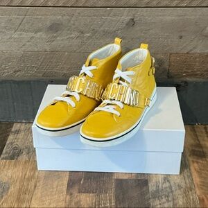 Moschino Couture Yellow Leather High Top Sneakers Logo Strap Size 45 / 12 US
